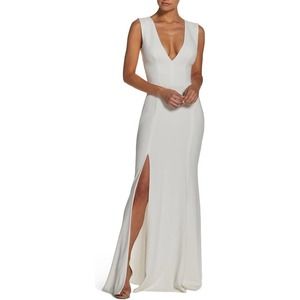 Dress The Population Dress Women's Large White Sandra Plunge Crepe Trumpet Gown